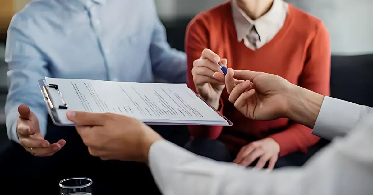 People in business attire reviewing documents and discussing at a table.