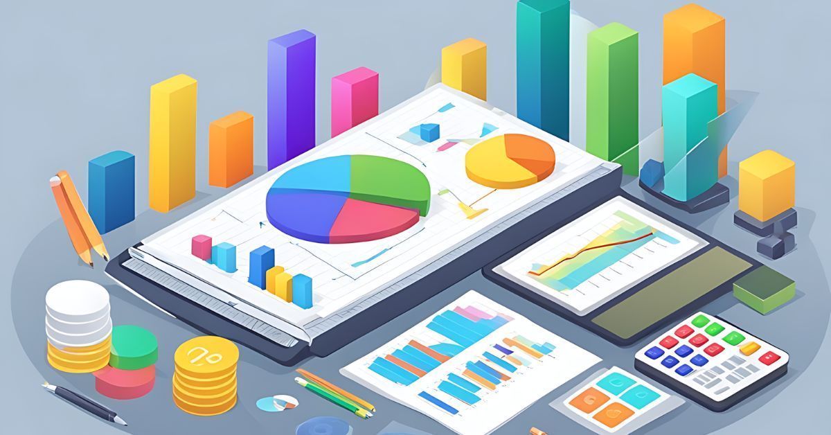 Colorful business analytics dashboard with charts, graphs, and pie charts on a laptop and tablets