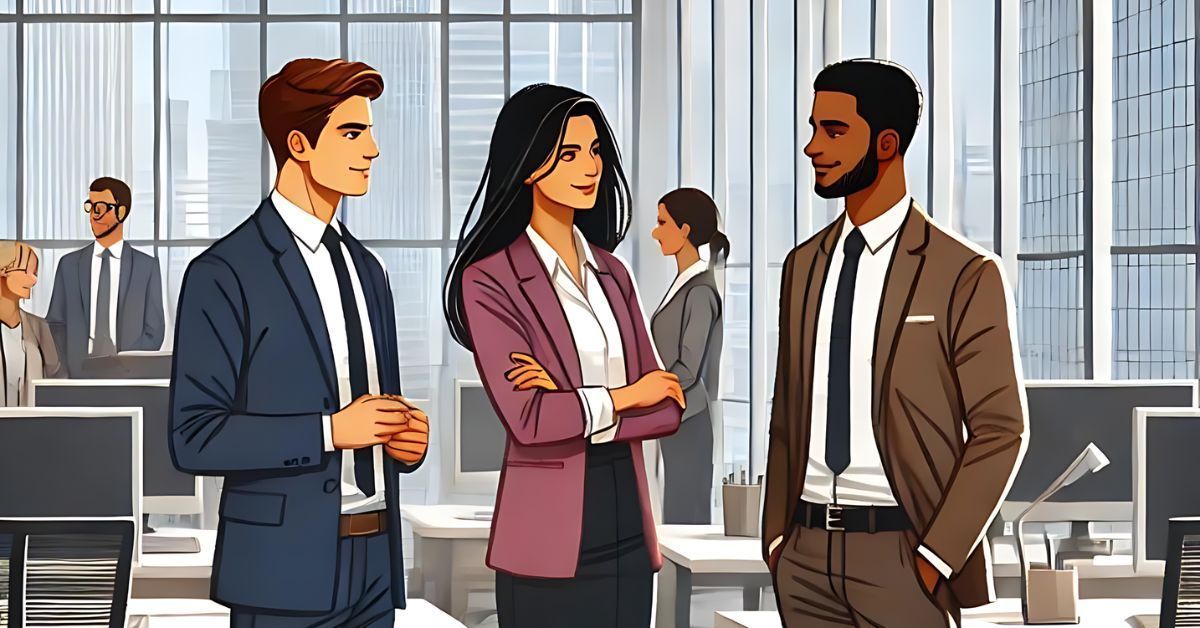 Three coworkers converse in a bright modern office, one woman in a purple blazer standing with two men in suits.