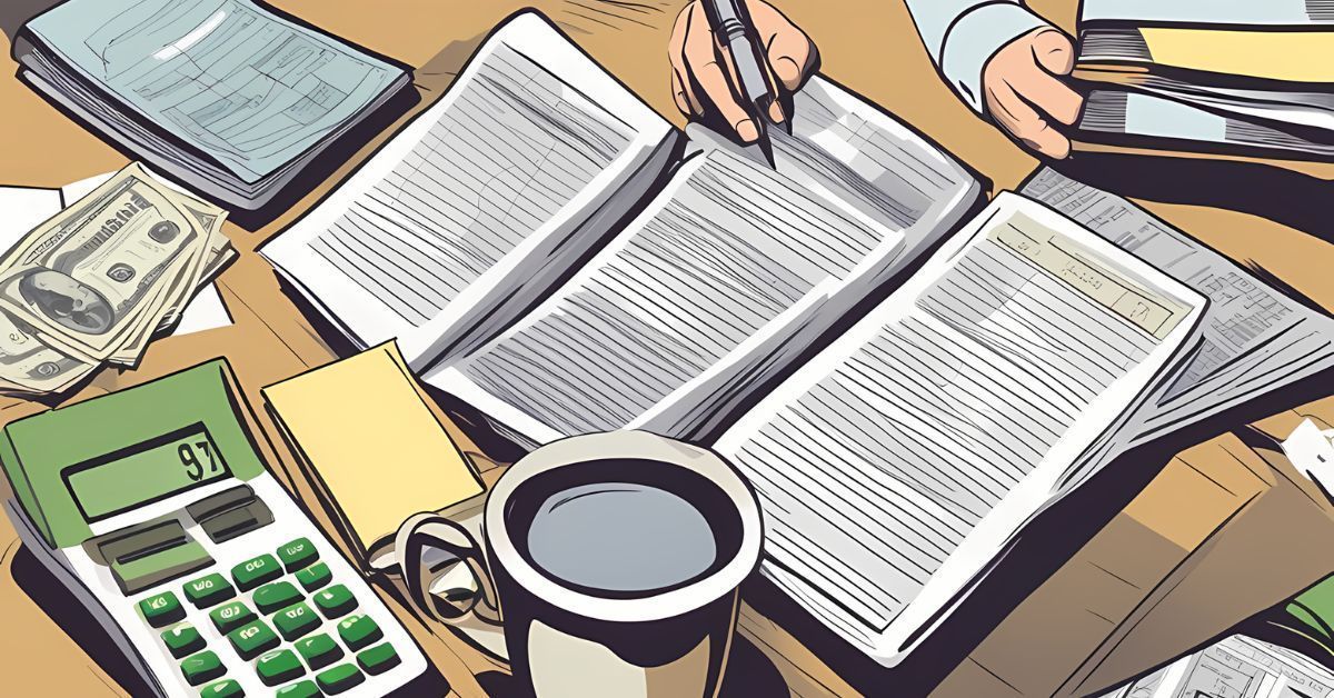 Desk with open books, calculator, coffee cup, and hands writing notes among papers.