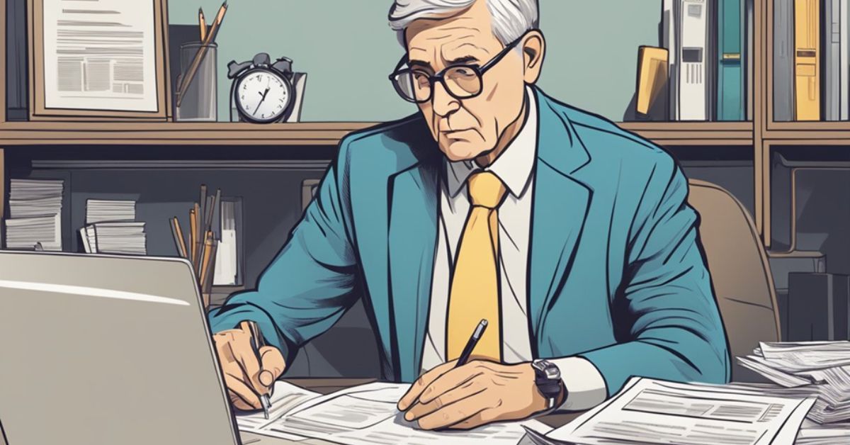 Man in a blue suit writing at a desk in an office, with papers, books, and a clock in the background