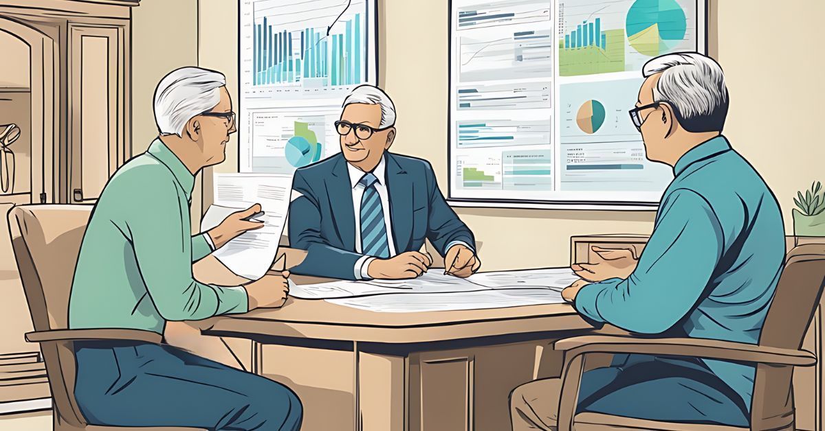 Three colleagues in a meeting room reviewing charts and documents at a table.