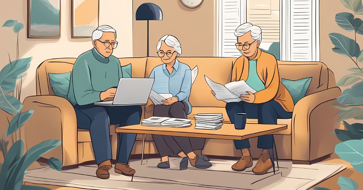 Three adults sit on a sofa reviewing papers beside a coffee table in a cozy living room.