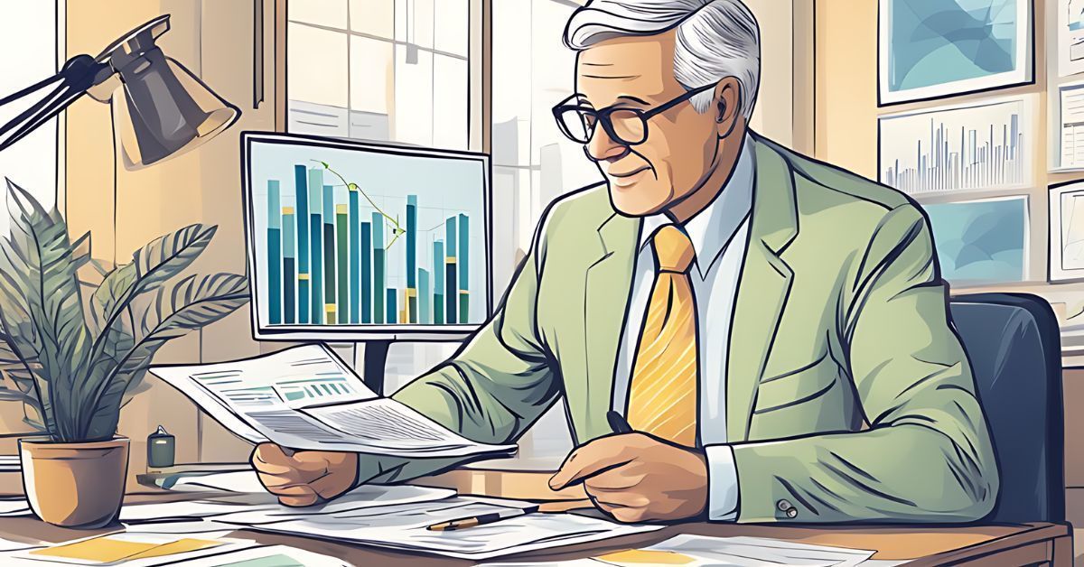 Man in a green suit reviewing documents at a desk in a bright office, with charts on a monitor behind him.