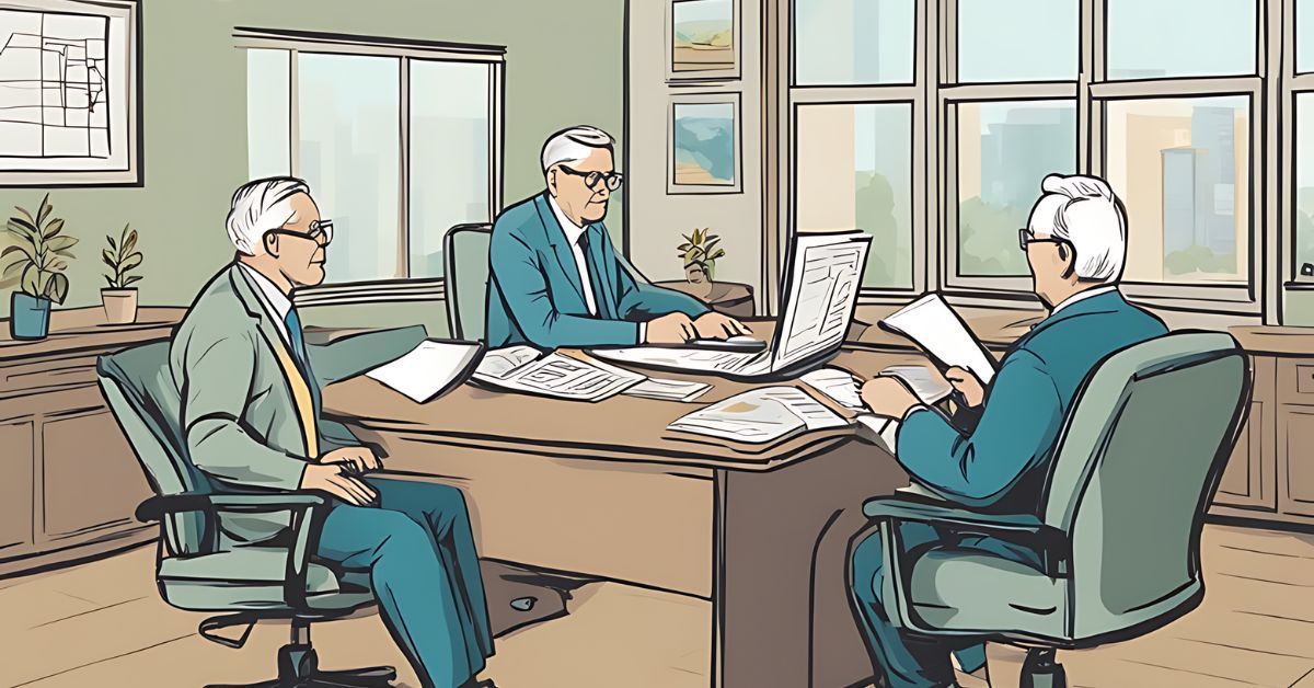 Three people in suits review papers around a conference table in a bright office.