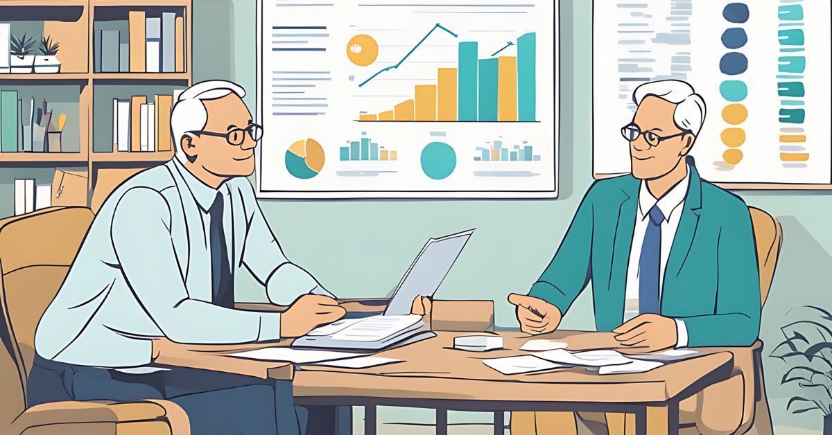 Two colleagues in a meeting at a table, reviewing papers with charts displayed behind them.