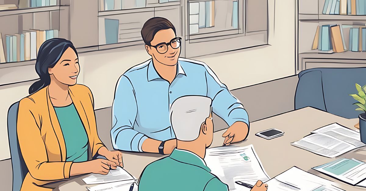 Two coworkers in a meeting at a desk, reviewing papers in a bright office