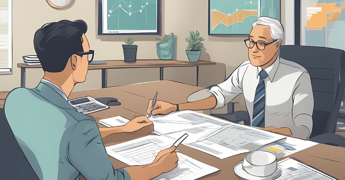 Two people in an office meeting across a table with papers, charts, and cups.