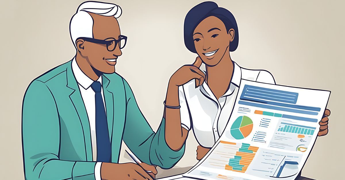Two professionals reviewing a colorful report and charts at a desk