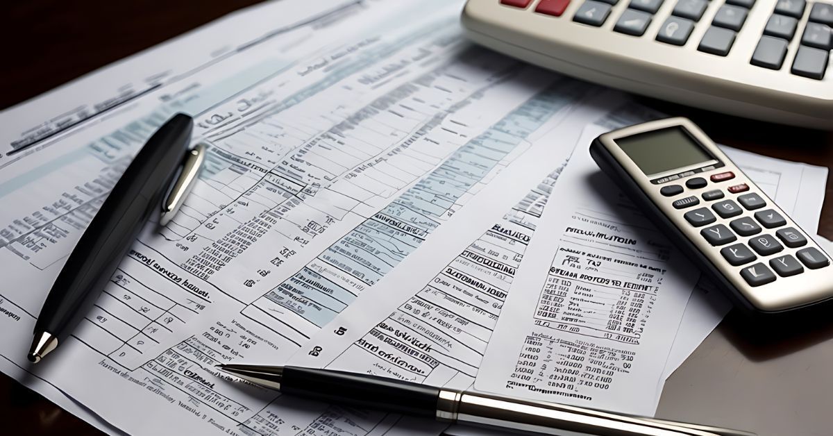 Calculator, pen, and financial documents spread across a desk.