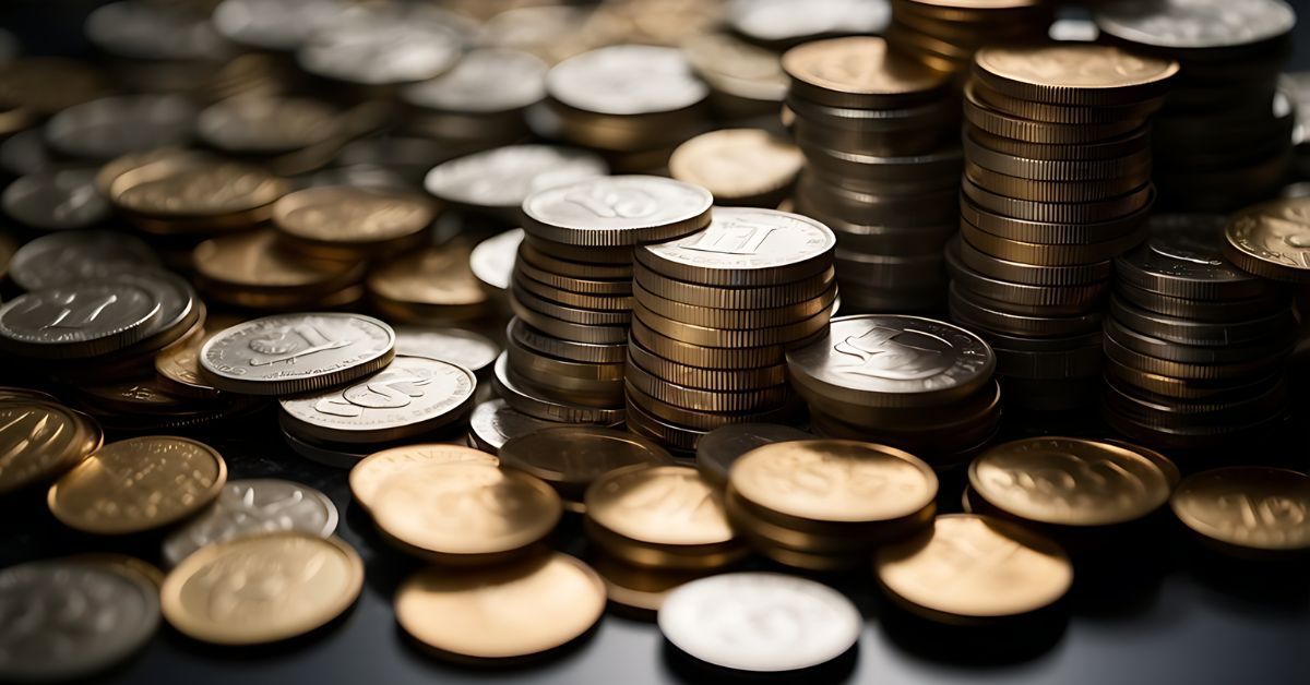 Stacks of assorted coins scattered on a dark surface, lit with a warm, shallow-focus close-up.