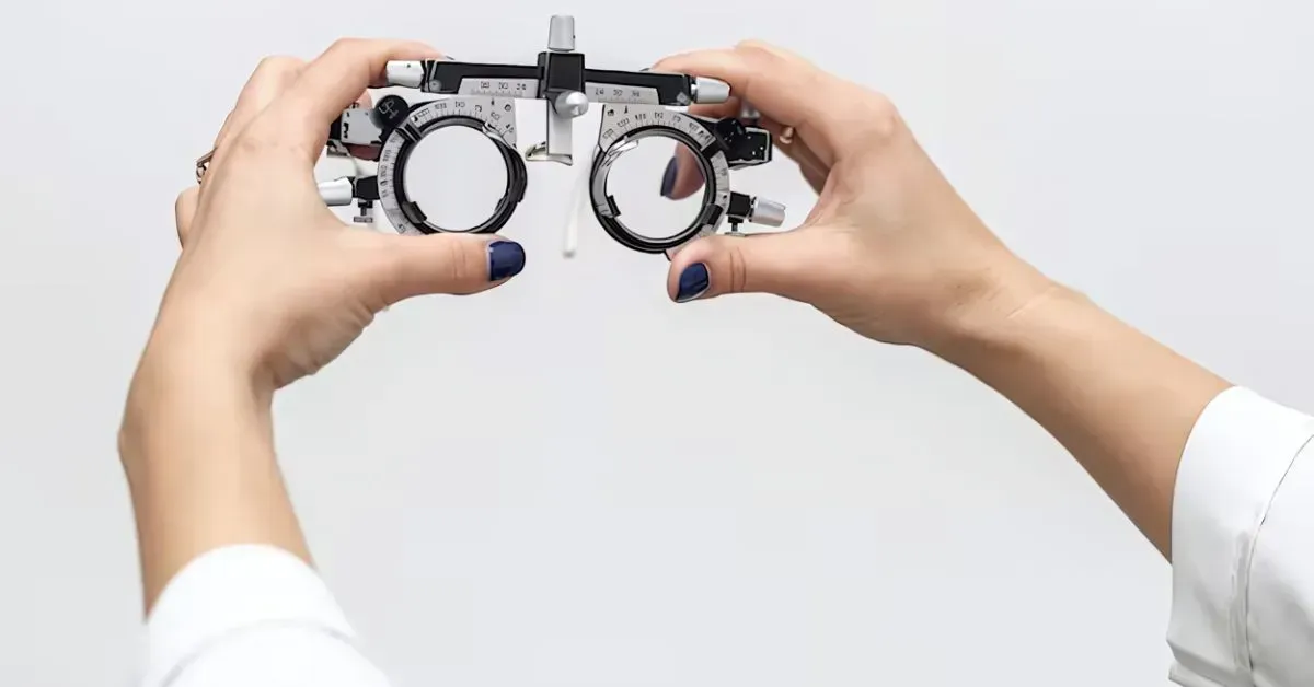 Hands holding a trial frame with eyeglass lenses against a white background