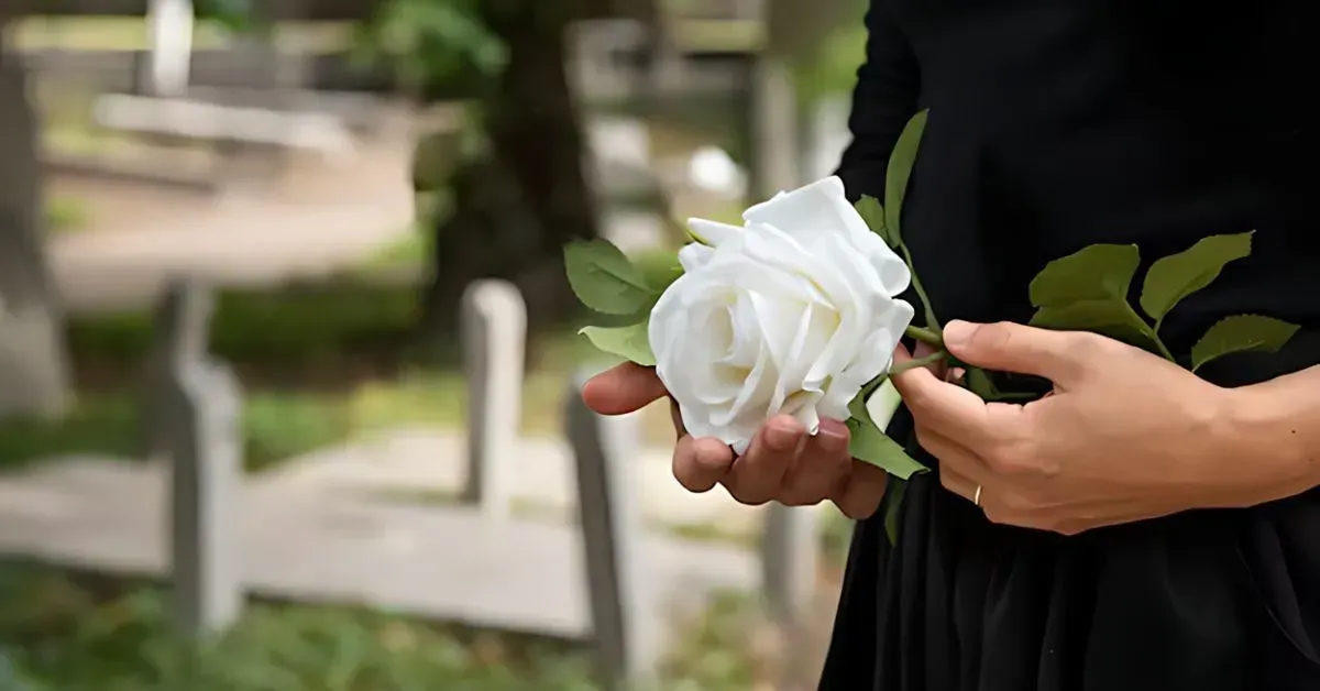 Person holding a white rose at an outdoor memorial with blurred benches in the background