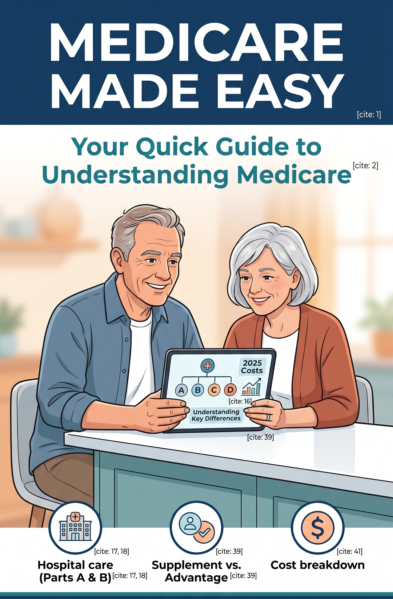 Medicare guide cover with two seniors reviewing a tablet, titled “Medicare Made Easy” with quick guide text