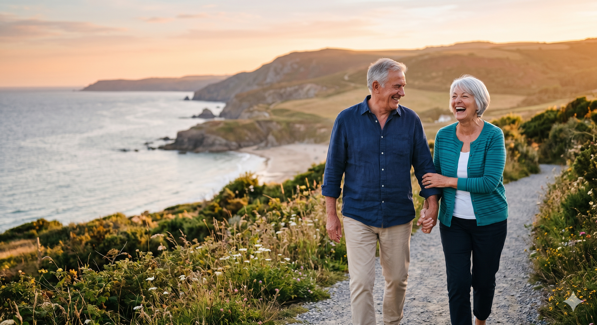 Couple walking along a coastal cliff path at sunset, with ocean and rugged shoreline in the background.