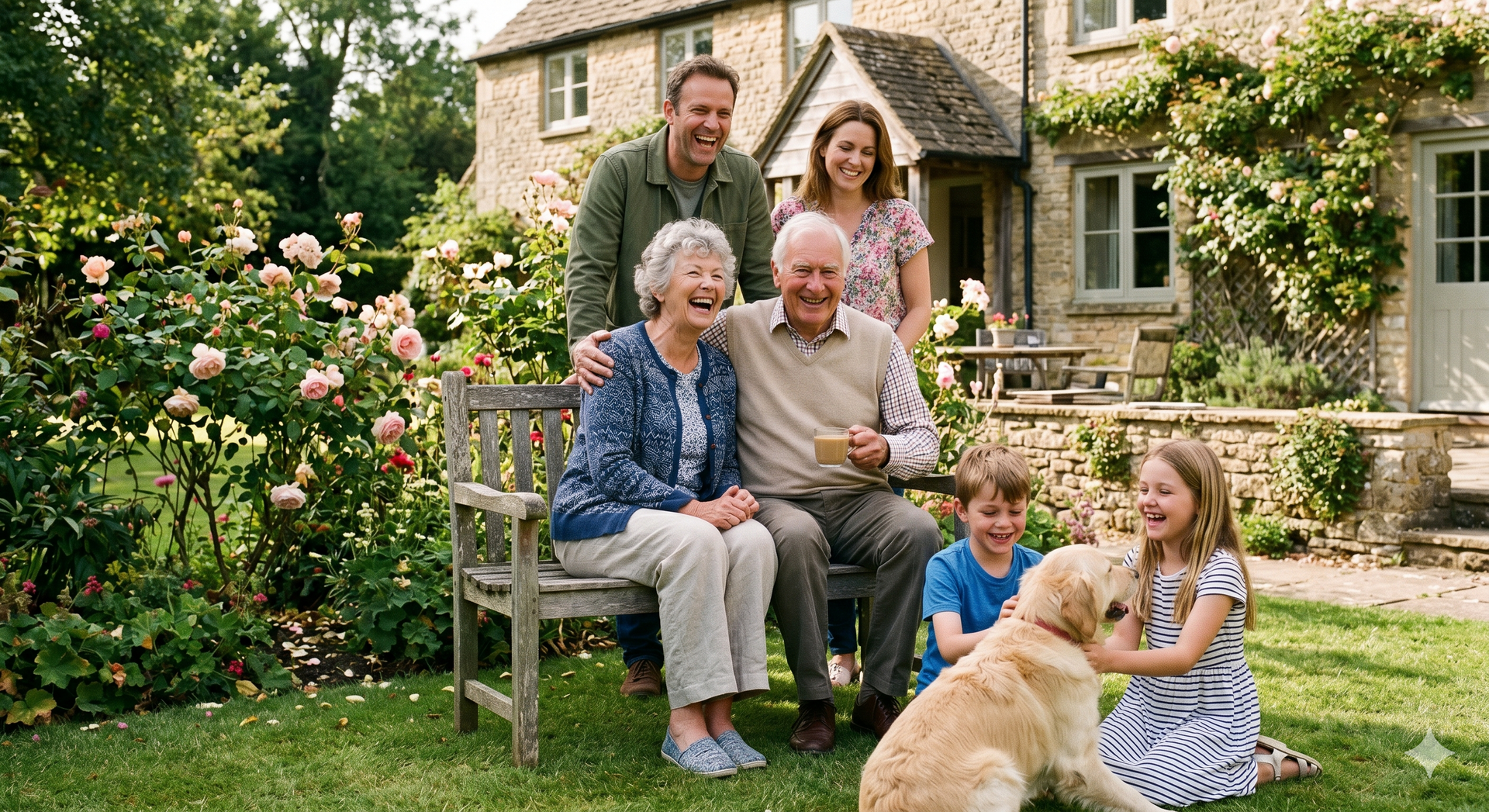 Family gathered in a garden by a stone house, smiling with a dog and child on the lawn.