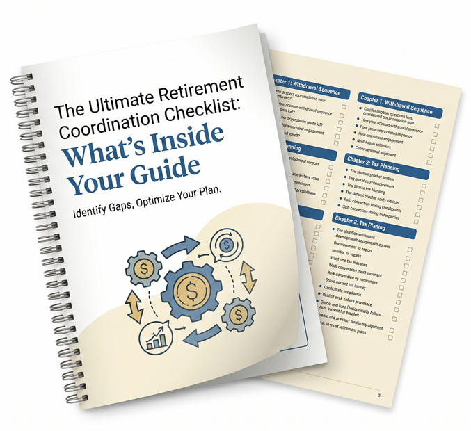 Spiral-bound retirement checklist booklet with blue-and-gold cover and a sample checklist page beside it