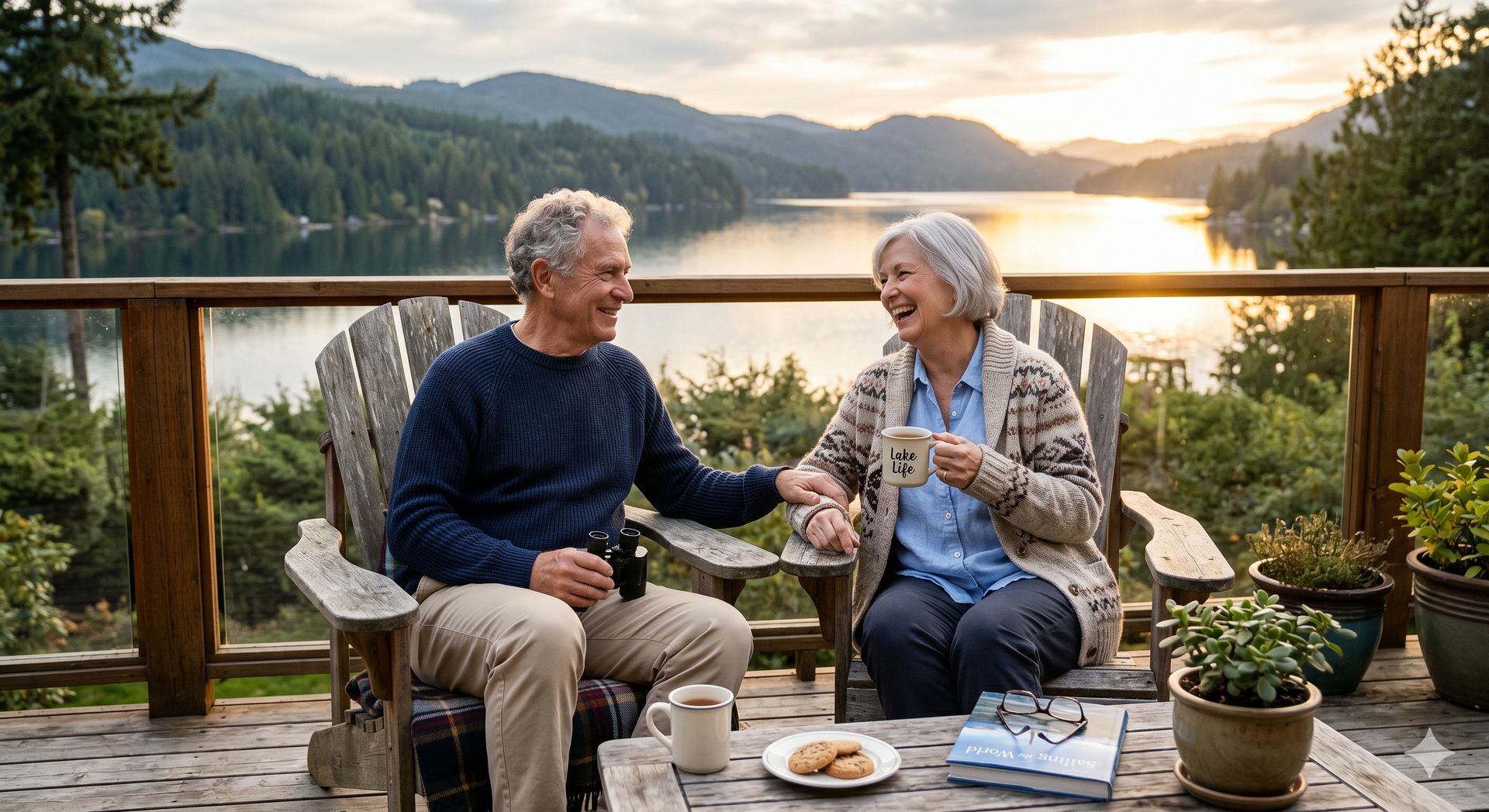 Two people chatting on a deck overlooking a lake at sunset, with tea and potted plants nearby.