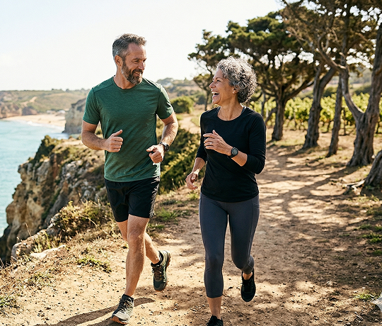 Two people jogging on a coastal trail by the cliffs, with trees and ocean in the background.