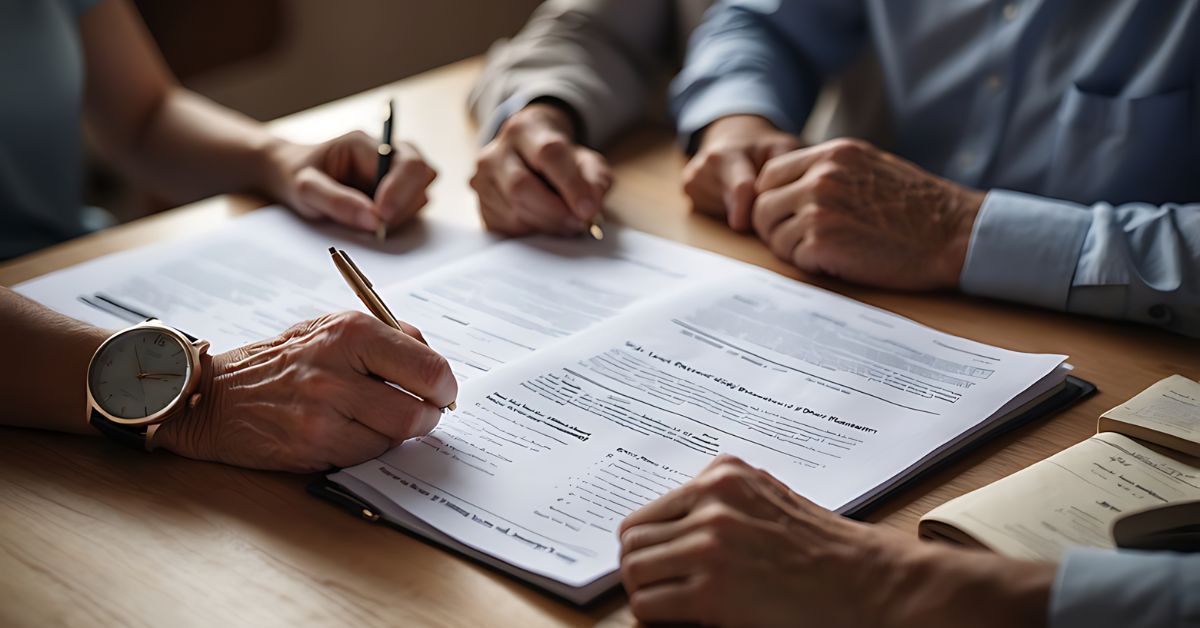 Hands reviewing a document on a table with pens and a notebook in a meeting setting