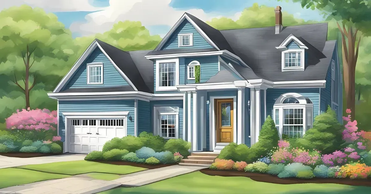 Suburban blue house with white trim, garage, and landscaped garden under a bright sky