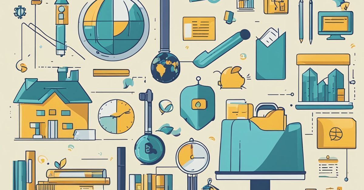 Collage of blue and yellow business charts, graphs, icons, and analytics dashboards