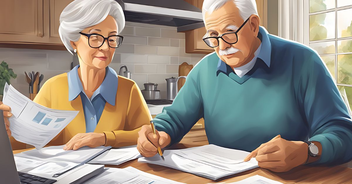 Two people reviewing documents at a kitchen table, writing notes in a bright home setting.