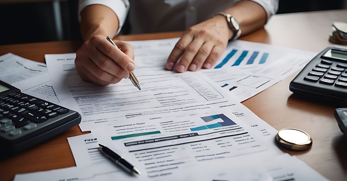 Hands reviewing financial documents with calculator and charts on a desk