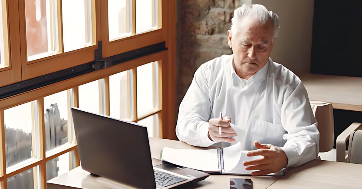 Man in a white shirt writing at a desk beside a laptop, with sunlight from large windows.