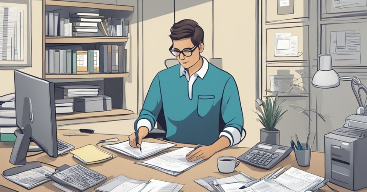 Person working at a desk in a tidy office, writing papers beside a computer and phone.