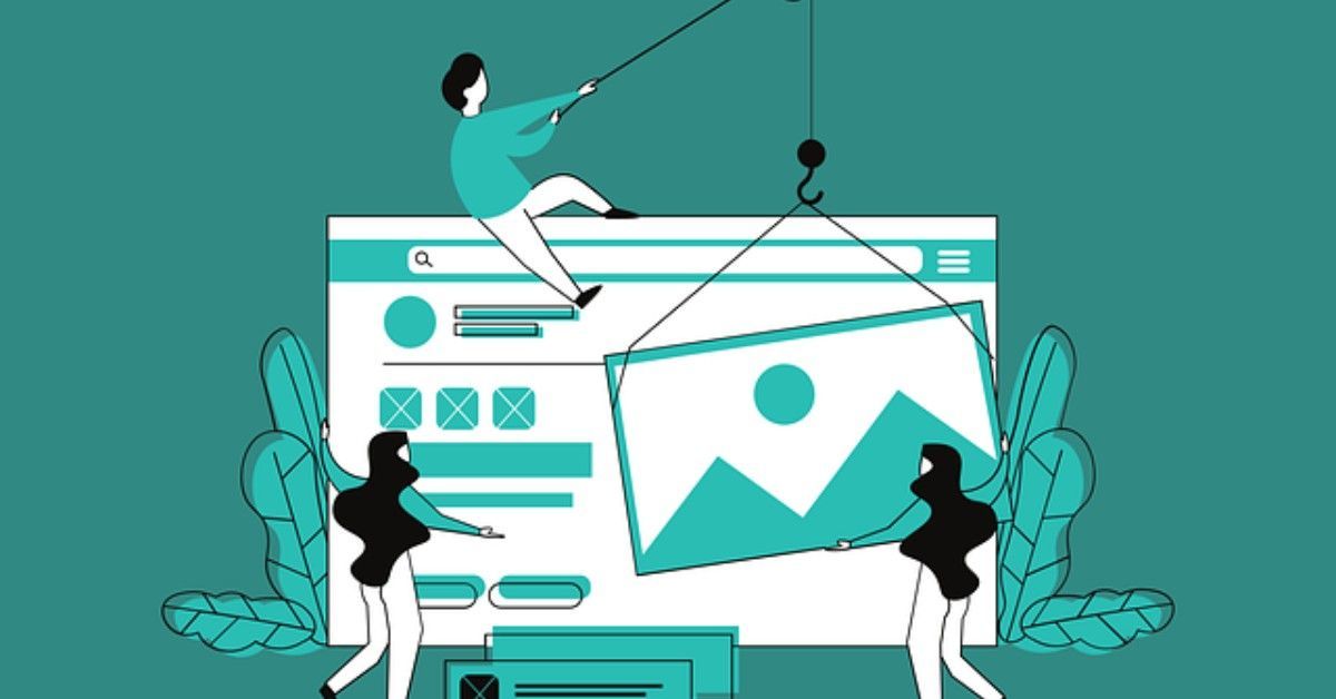 Three people hang a webpage mockup on a teal background