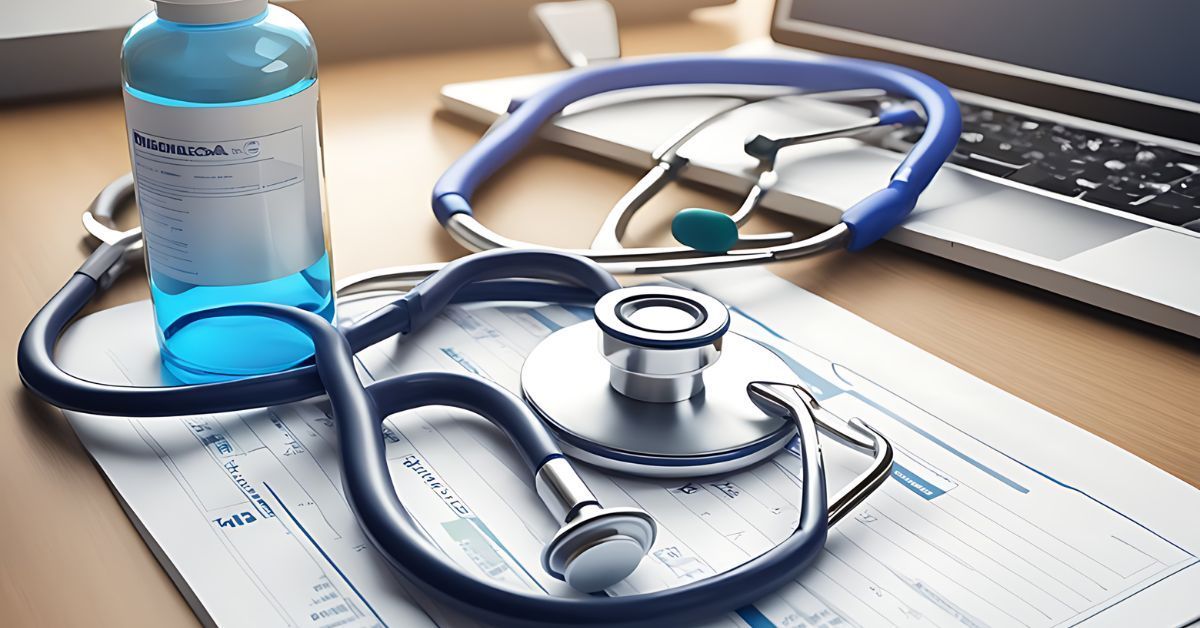 Blue medical vial and stethoscope on paperwork beside a laptop, healthcare workspace