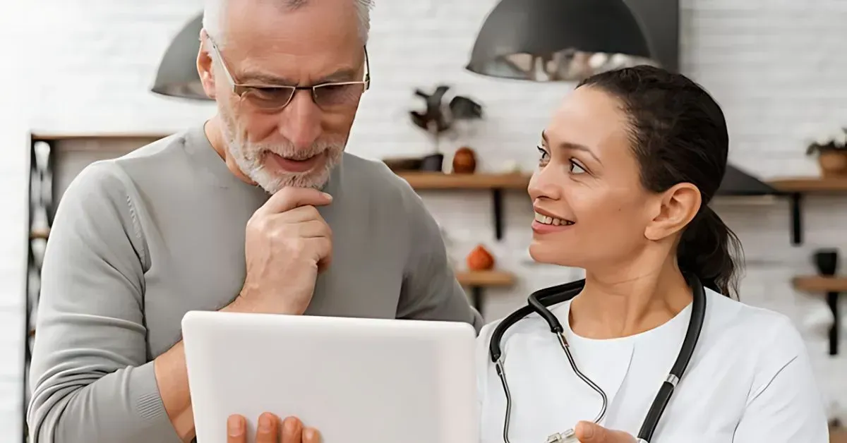 Two people reviewing a tablet together in a bright office, one gesturing thoughtfully.