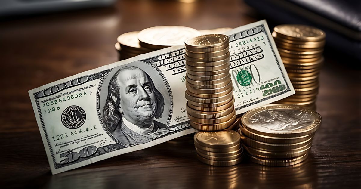 Stacks of U.S. dollar bills and coins on a wooden table, with a $100 bill in the foreground.
