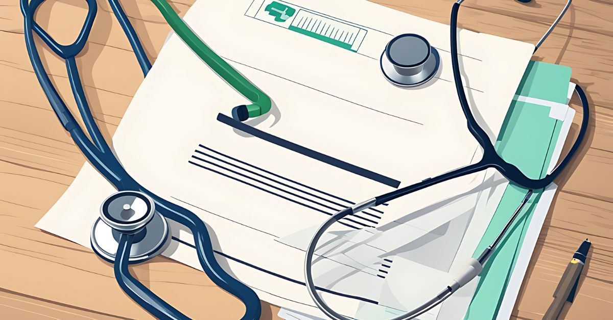 Stethoscope and eyeglasses on papers beside a pen and coffee cup on a wooden desk