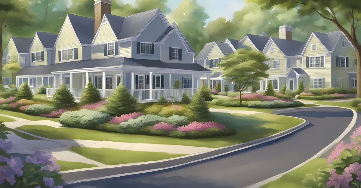 Quiet suburban street with large gray houses, manicured lawns, and blooming pink shrubs on a curved road