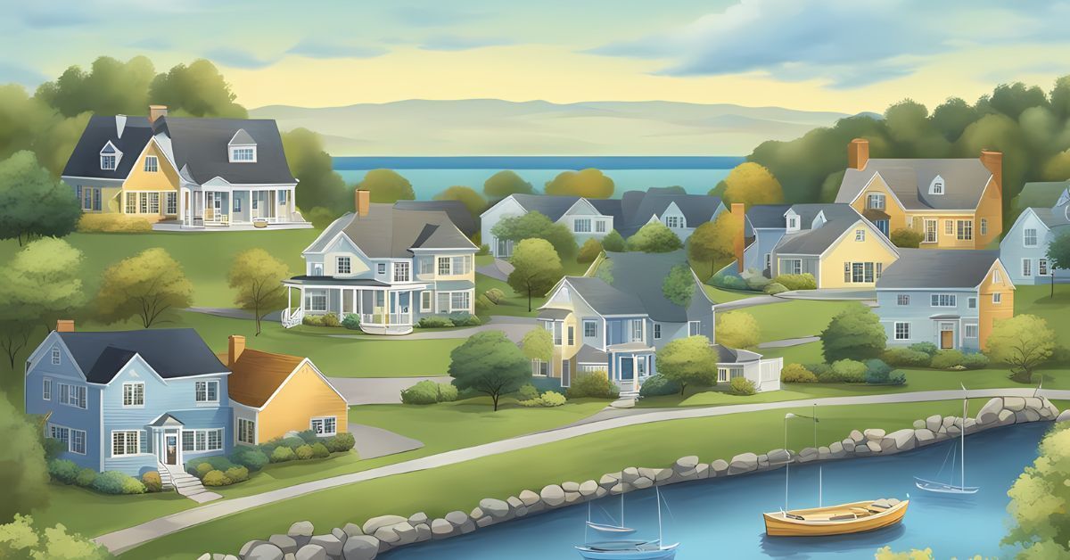 Sunlit coastal neighborhood with pastel houses, green lawns, and a small boat on the water.