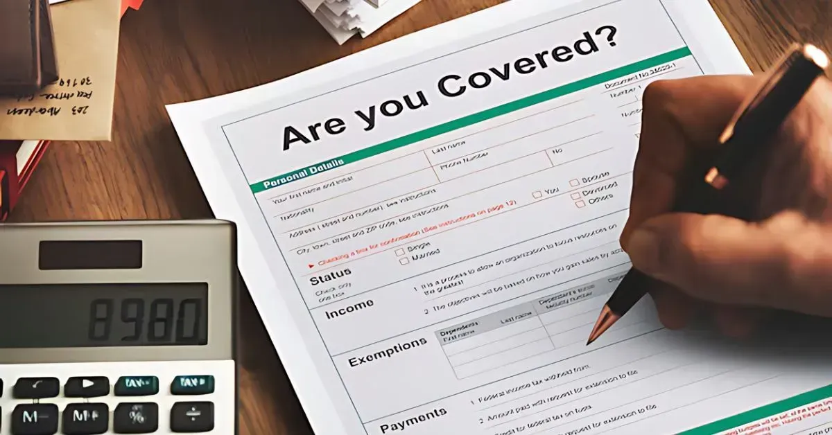 Calculator beside a hand filling out an “Are You Covered?” insurance form