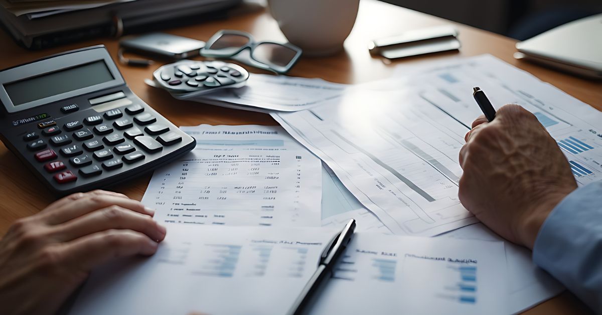 Hands working over financial paperwork with calculator, pen, and coffee on a desk