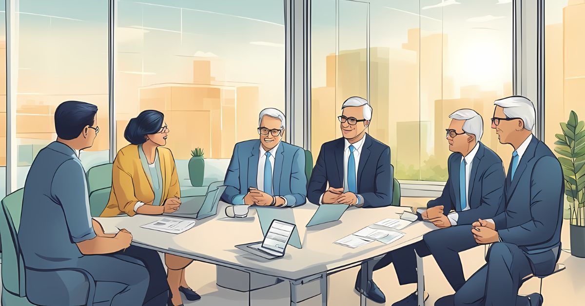 Business meeting around a conference table in a bright office, with documents and laptops spread out.
