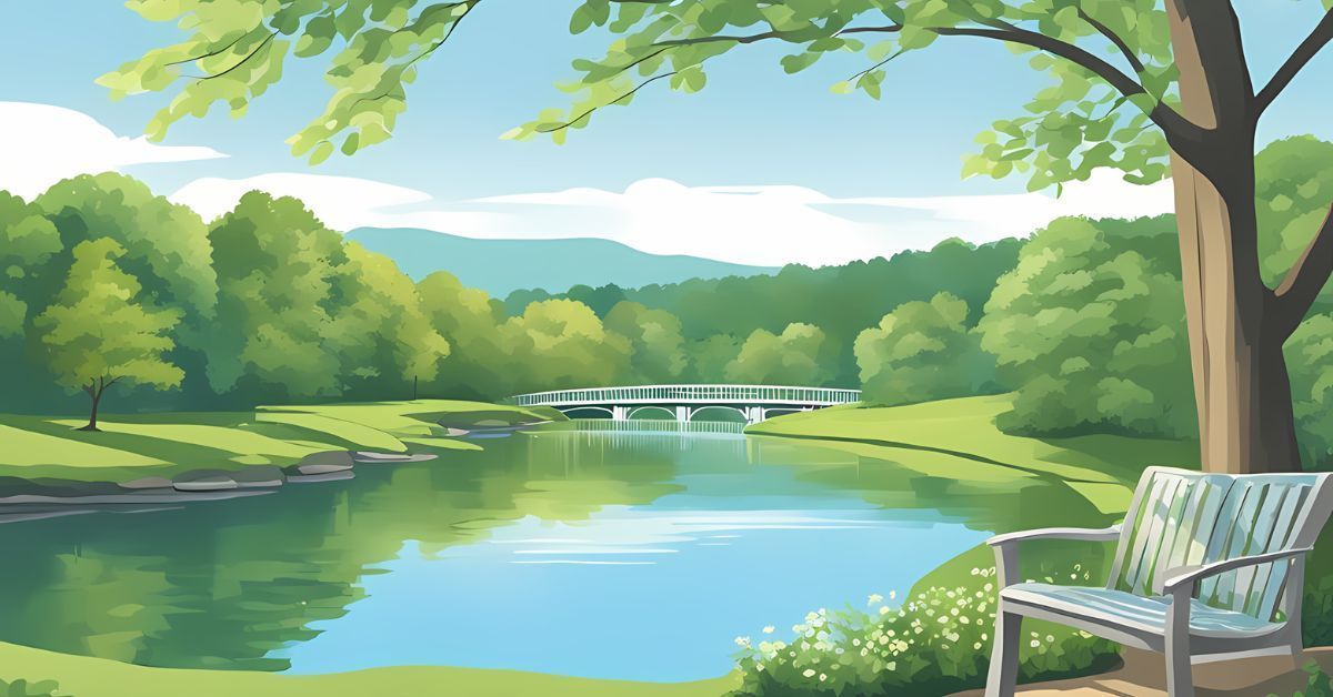 Peaceful lake park with a bridge, green trees, and a chair in the foreground