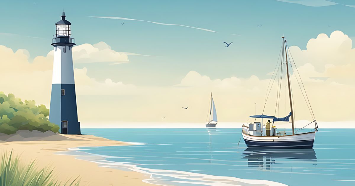 Lighthouse on a sunny beach with sailboats and a calm blue sea