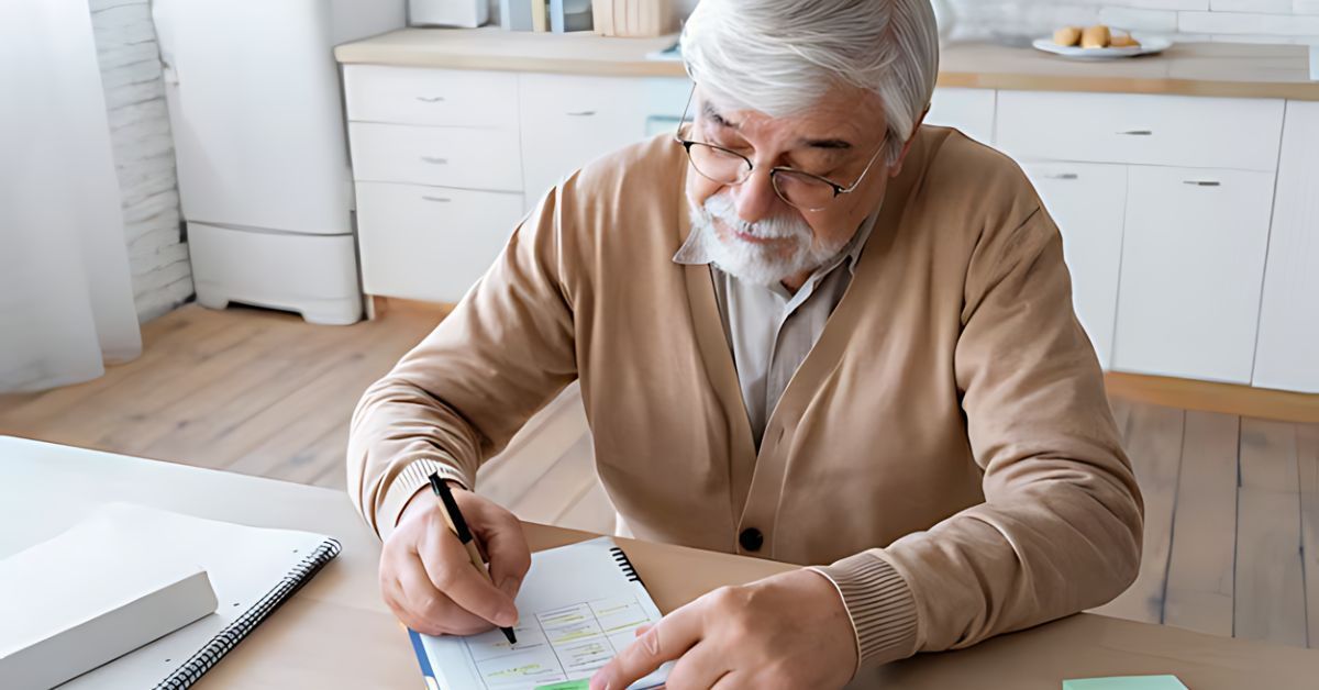 Older man writing at a kitchen table in a bright room