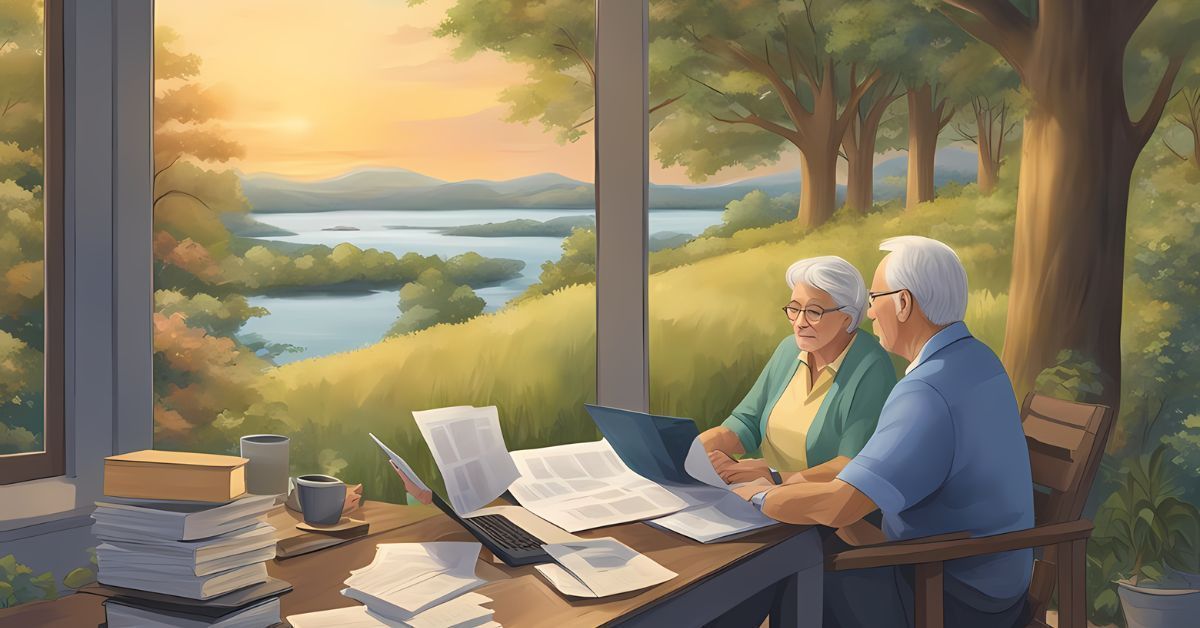 Two people reading papers at a table by a window, with books and a lakeside view at sunset.