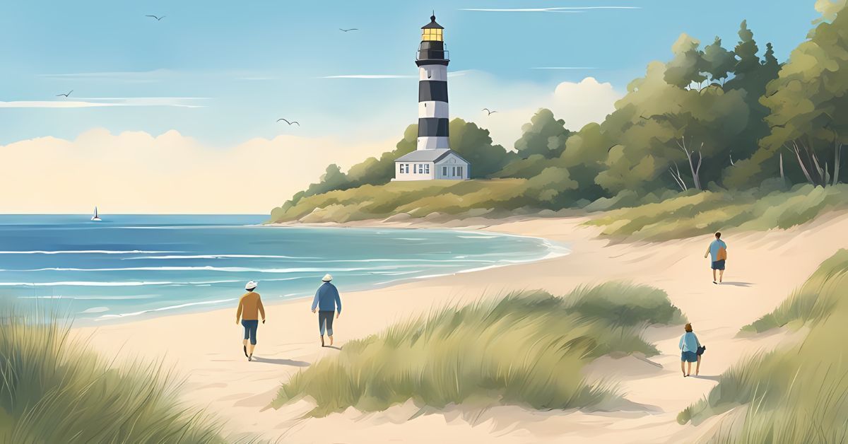 Sunny beach scene with a striped lighthouse, calm sea, and a few people walking along the shore