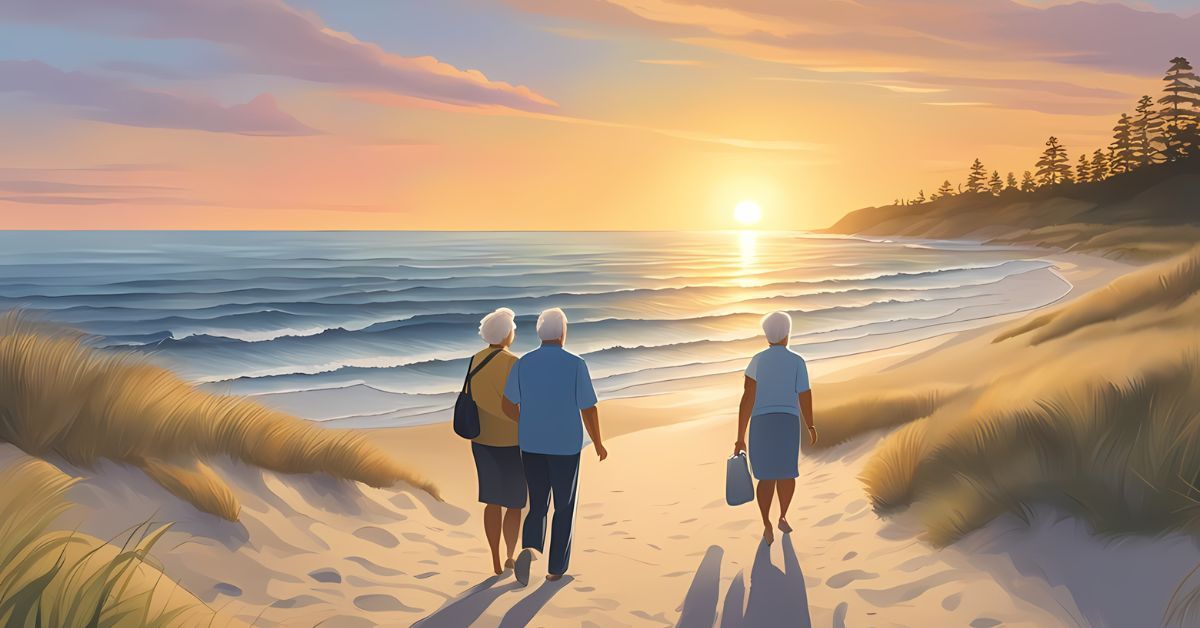 Three people walk on a sandy beach toward a glowing sunset over the ocean.