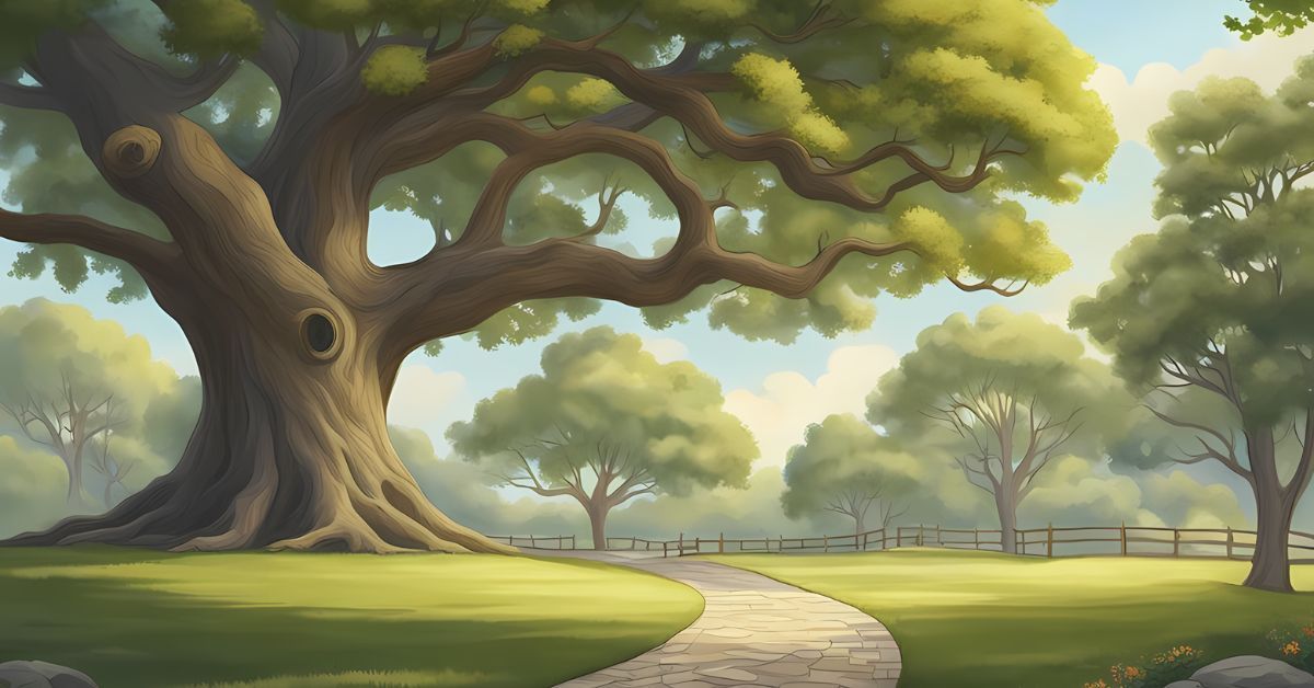 Sunlit park with a winding path, a large leafy tree, and open green lawn under a cloudy sky.