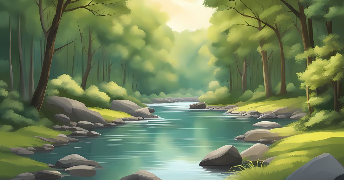 Serene forest river with teal water, rocks along the banks, and sunlight filtering through tall green trees