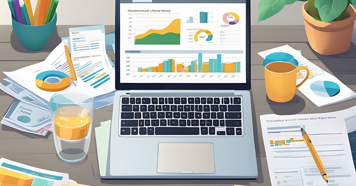 Laptop on desk with charts, papers, coffee mugs, and a pencil in a bright office workspace.