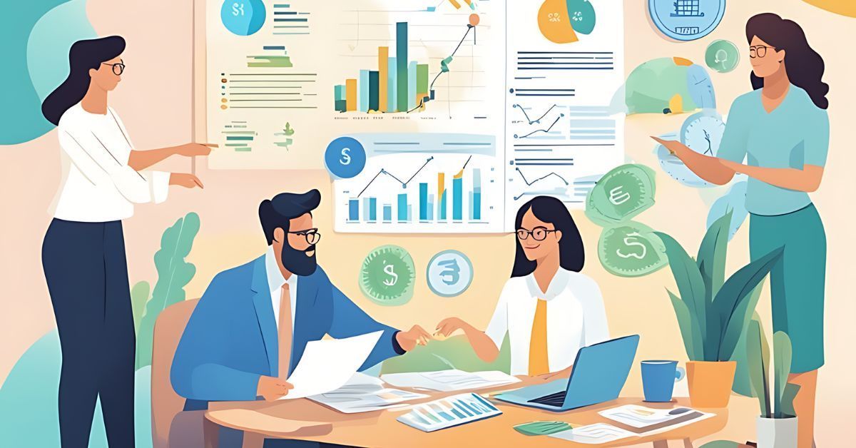 Team reviewing business charts and documents in a bright office meeting room